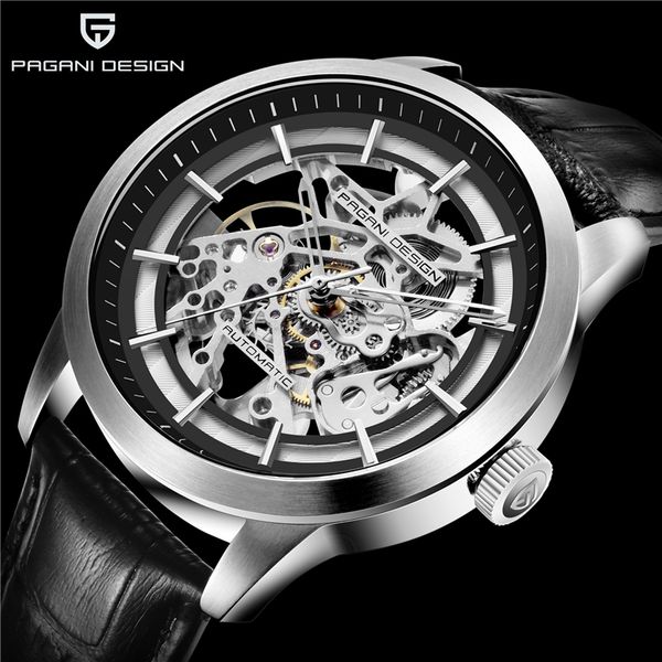 

pagani design luxury men's business mechanical watch leather skeleton hollow clock waterproof men's automatic mechanical watch, Slivery;brown
