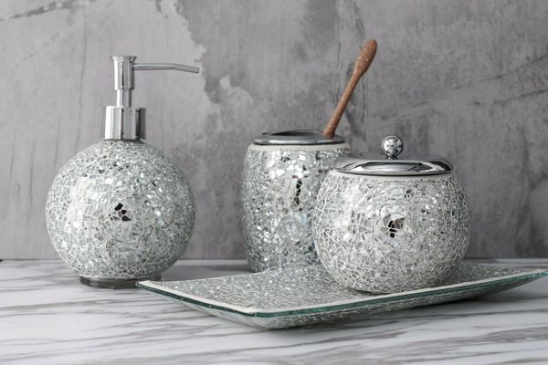 4pc серебро мозаика из стекла ванной комнаты / набор принадлежностей ж мыла / dish
4pc серебро мозаика из стекла ванной комнаты / набор принадлежностей ж мыла / dish