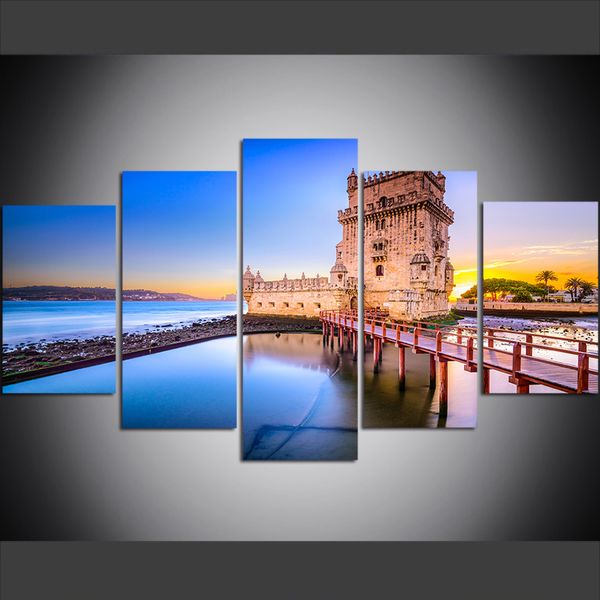 

5 piece large size canvas wall art pictures creative lisbon belÃ©m tower fortress scenic sunset art print oil painting for living room