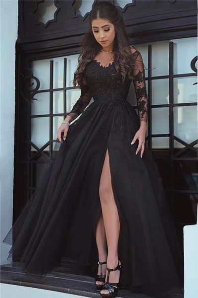 2019 black a-line lace evening dress long floor length prom dress with long sleeves side split formal gown, Black;red
2019 black a-line lace evening dress long floor length prom dress with long sleeves side split formal gown, Black;red