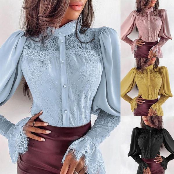 women stand collar lace stitching long puff sleeve button down comfortable wear slim shirt, White
women stand collar lace stitching long puff sleeve button down comfortable wear slim shirt, White