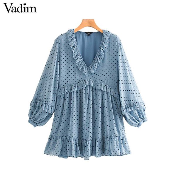 casual dresses vadim women dots print mini dress ruffled collar pleated lantern sleeve female straight chic vestidos qc779, Black;gray
casual dresses vadim women dots print mini dress ruffled collar pleated lantern sleeve female straight chic vestidos qc779, Black;gray