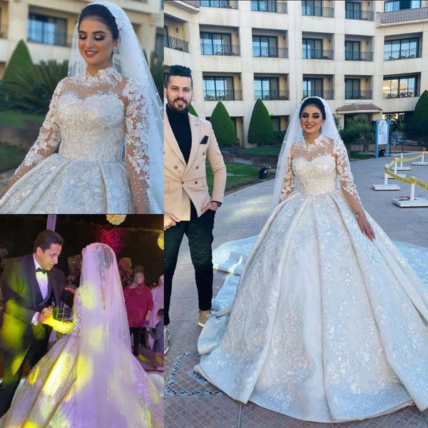 2020 muslim long sleeves sparkly crystals wedding dresses high collar sweep train lace beaded plus size bridal dress vestidos de noiva