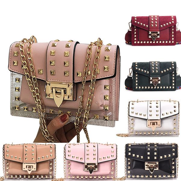 small clear brand designer woman 2019 new fashion messenger bag chains shoulder bag velvet rivets transparent square pu handbag y200623
small clear brand designer woman 2019 new fashion messenger bag chains shoulder bag velvet rivets transparent square pu handbag y200623