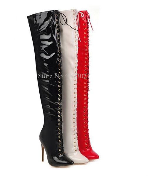 fashion patent leather crossover strap over the knee boots woman pointed toe bandage lace-up stiletto heel long boots lady, Black
fashion patent leather crossover strap over the knee boots woman pointed toe bandage lace-up stiletto heel long boots lady, Black