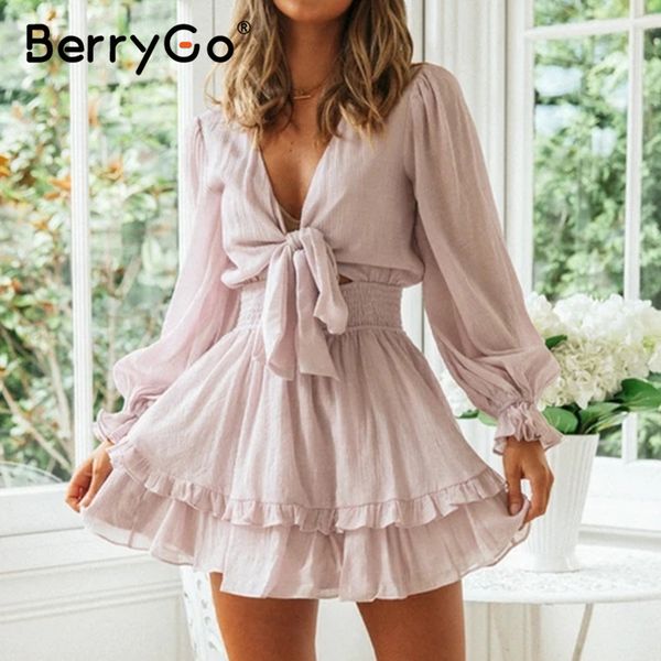 berrygo bohemian solid bow mini party dress women feminine v-neck high waist dress trumpet sleeve holiday vestidos, Black;gray
berrygo bohemian solid bow mini party dress women feminine v-neck high waist dress trumpet sleeve holiday vestidos, Black;gray