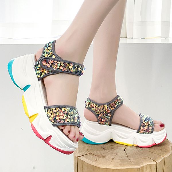 new fashion women sandals summer personality sequin upper convenient rainbow thick bottom increase casual women sandals, Black
new fashion women sandals summer personality sequin upper convenient rainbow thick bottom increase casual women sandals, Black