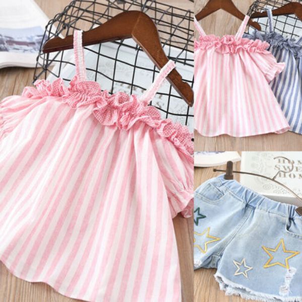 2pcs baby kids girls clothes striped off shoulder jeans pant summer outfits children set, White
2pcs baby kids girls clothes striped off shoulder jeans pant summer outfits children set, White