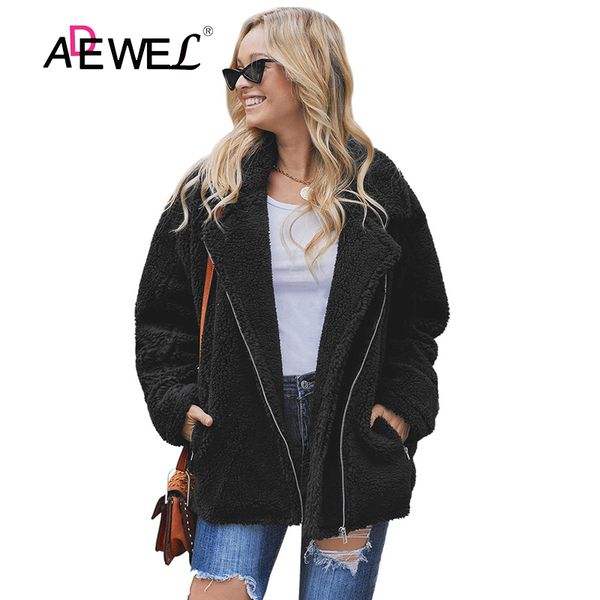 

adewel woman black breaker pocketed sherpa statement jaqueta bomber plush coat plus size zipper polyester okrycia wierzchnie xxl