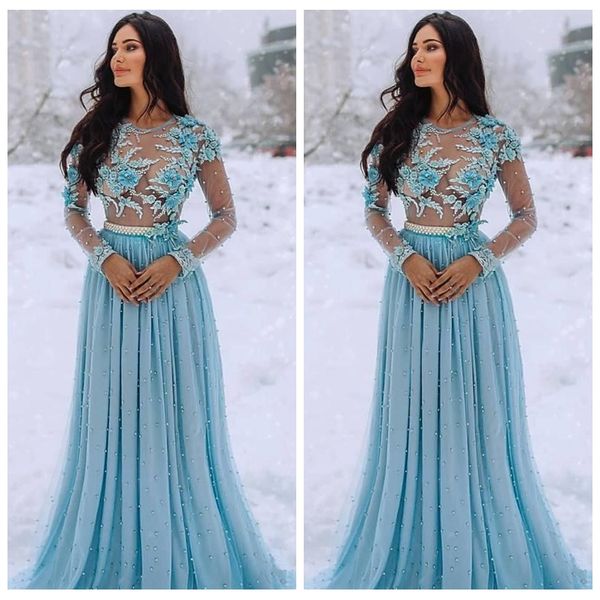 2020 sheer long sleeves pearls beaded lace appliques prom dresses with 3d flowers adorned women evning party gowns plus size vestidos, Black 
2020 sheer long sleeves pearls beaded lace appliques prom dresses with 3d flowers adorned women evning party gowns plus size vestidos, Black