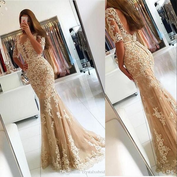 new champagne lace appliques beads tulle mermaid prom dresses half sleeves backless illusion sheer party long evening dress gowns, Black
new champagne lace appliques beads tulle mermaid prom dresses half sleeves backless illusion sheer party long evening dress gowns, Black