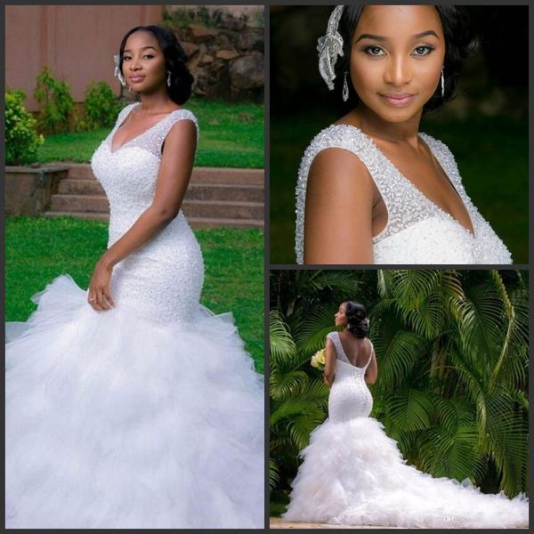 2019 new vintage plus size mermaid wedding dresses beading sheer deep v neck backless corset ruffles tulle spring garden bridal gowns 1286, White
2019 new vintage plus size mermaid wedding dresses beading sheer deep v neck backless corset ruffles tulle spring garden bridal gowns 1286, White