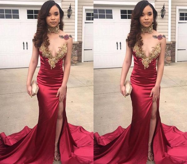 with gold appliques prom dresses 2019 south african mermaid split holidays graduation wear evening party gowns custom made plus size, Black
with gold appliques prom dresses 2019 south african mermaid split holidays graduation wear evening party gowns custom made plus size, Black