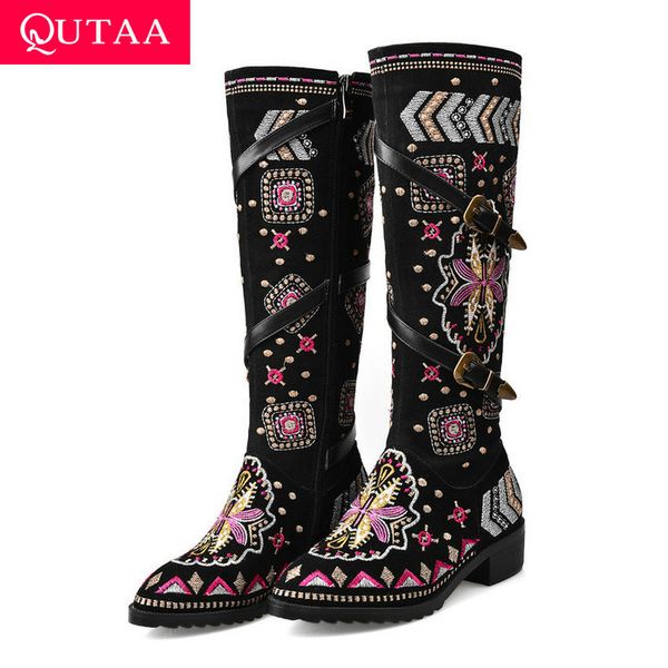 qutaa 2020 winter thick heel buckle decoration knee high boots cow leather vintage embroidered women high boots size 34-43, Black 
qutaa 2020 winter thick heel buckle decoration knee high boots cow leather vintage embroidered women high boots size 34-43, Black