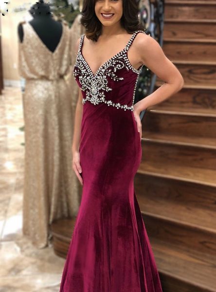 african burgundy prom evening dress long plus size v neck beaded backless mermaid velvet dresses robe de soiree, Black
african burgundy prom evening dress long plus size v neck beaded backless mermaid velvet dresses robe de soiree, Black