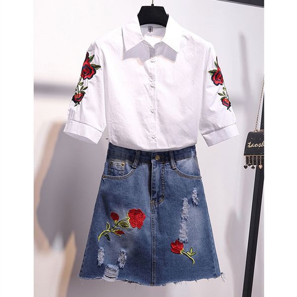 women flower embroidery cotton white blouse shirt + jean a-line skirt set embroidery casual 2pcs sets for women 2019 summer suit
women flower embroidery cotton white blouse shirt + jean a-line skirt set embroidery casual 2pcs sets for women 2019 summer suit