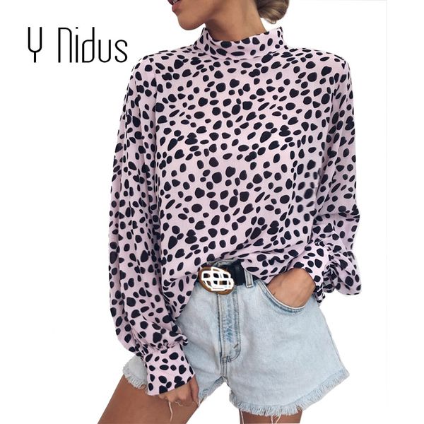 

women's shirt chiffon leopard blouse 2019 spring casual cuffed long sleeve turtleneck back button up blusas feminina, White