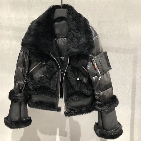 2019 winter women chic black overcoat genuine leather jacket 90% white duck down fur puffer real sheepskin shearing fur coat
2019 winter women chic black overcoat genuine leather jacket 90% white duck down fur puffer real sheepskin shearing fur coat