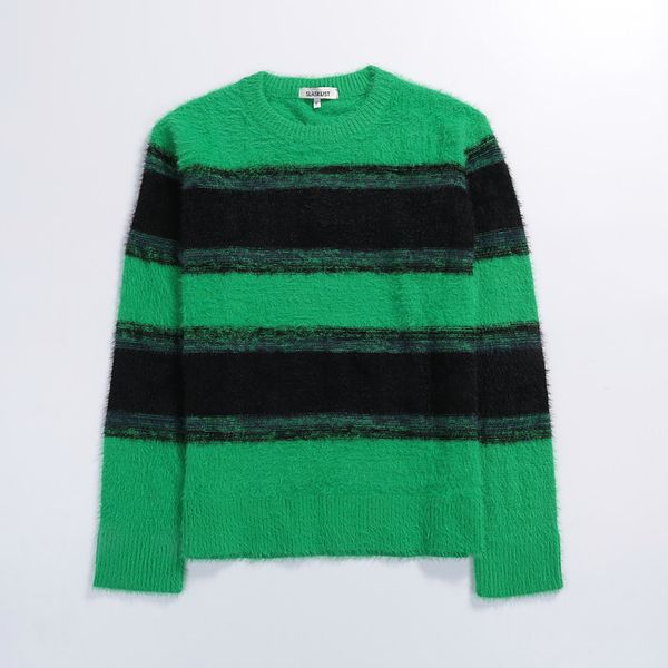 autumn brushed crewneck sweater green/black stripe long sleeve knitted pullover, White;black
autumn brushed crewneck sweater green/black stripe long sleeve knitted pullover, White;black