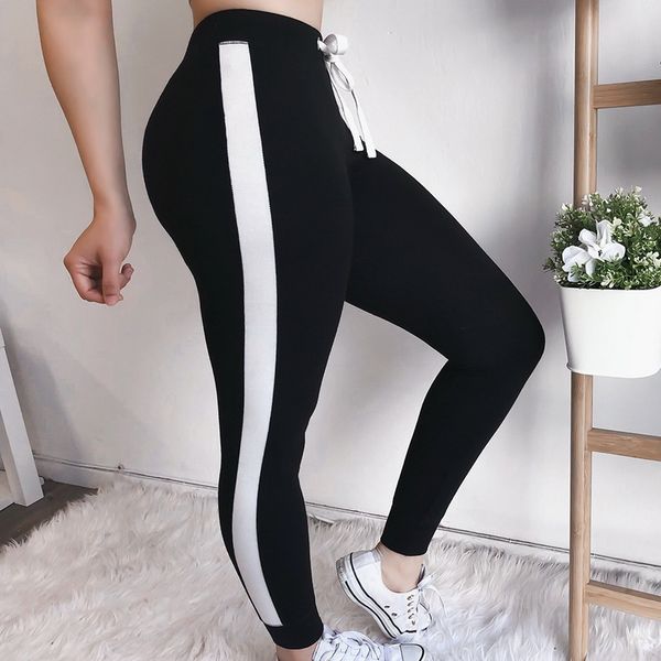 drawstring woman trousers skinny plus female casual side striped black full pants 2019 summer fitness women pencil pants, Black;white 
drawstring woman trousers skinny plus female casual side striped black full pants 2019 summer fitness women pencil pants, Black;white