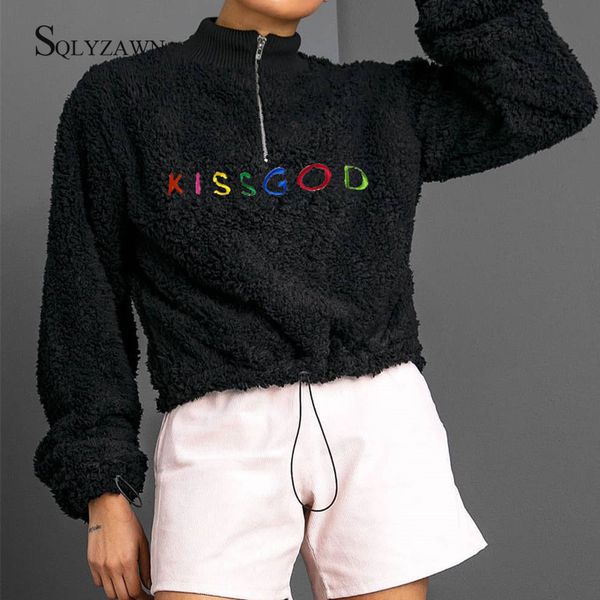 women fleece zip turtleneck letter embroidery sweatshirts long sleeve drawstring crop pullover winter fur lambswool sweatshirts, Black
women fleece zip turtleneck letter embroidery sweatshirts long sleeve drawstring crop pullover winter fur lambswool sweatshirts, Black