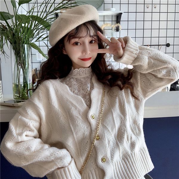 2020 spring new korean sweet wave pattern v-neck knitted jacket + wild stand-up collar long-sleeved lace shirt women, Black
2020 spring new korean sweet wave pattern v-neck knitted jacket + wild stand-up collar long-sleeved lace shirt women, Black