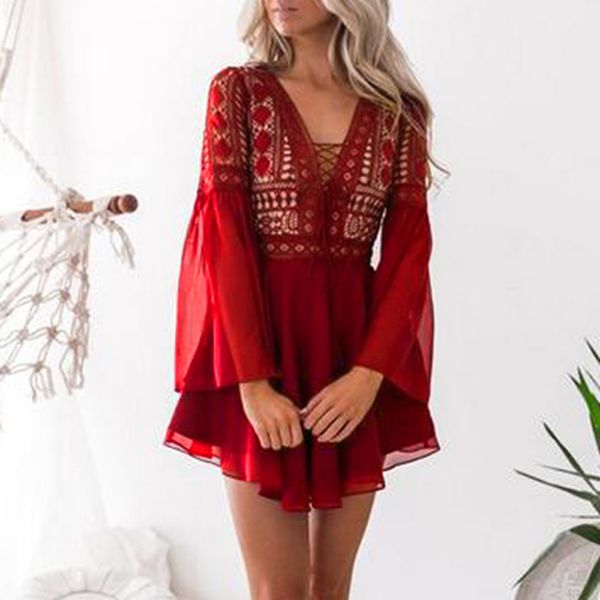vintage mini lace dress women criss cross bandage lace semi-sheer v-neck long sleeve ruffle elegant party dress summer sundress, Black;gray
vintage mini lace dress women criss cross bandage lace semi-sheer v-neck long sleeve ruffle elegant party dress summer sundress, Black;gray