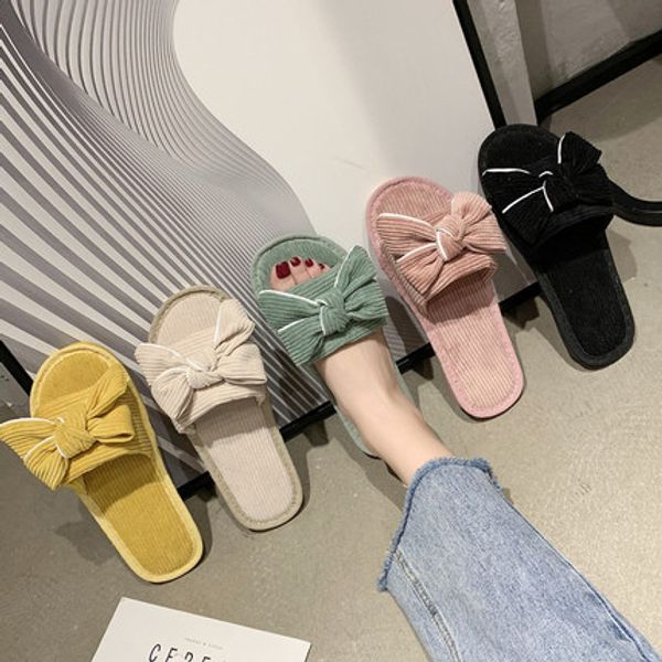 cute bowknot four seasons home slippers women 2020 spring new large size non-slip indoor plush cotton slippers women, Black