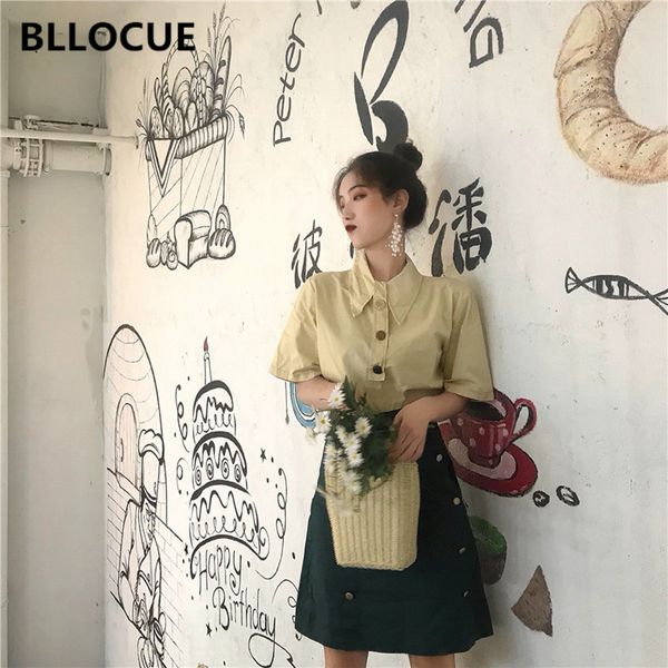 bllocue new fashion two-piece set female retro lapel button short-sleeved shirt dark green double-breasted a-line skirt suit, White 
bllocue new fashion two-piece set female retro lapel button short-sleeved shirt dark green double-breasted a-line skirt suit, White