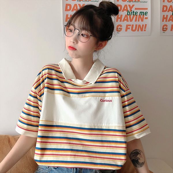 striped polo ins short-sleeved t-shirt women's shirt hong kong style lapel women's dress, White
striped polo ins short-sleeved t-shirt women's shirt hong kong style lapel women's dress, White