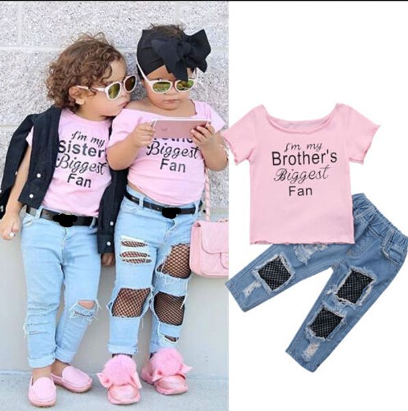 2pcs fashion kids baby girls brother t shirt +mesh denim jeans pants outfits set clothes 1-5years, White
2pcs fashion kids baby girls brother t shirt +mesh denim jeans pants outfits set clothes 1-5years, White