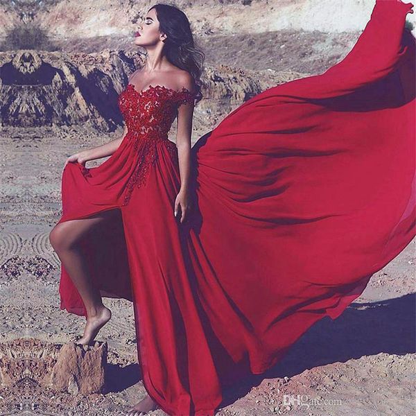 elegant off the shoulder red evening dresses appliques lace front split formal party dresses floor length chiffon prom gowns, Black;red
elegant off the shoulder red evening dresses appliques lace front split formal party dresses floor length chiffon prom gowns, Black;red