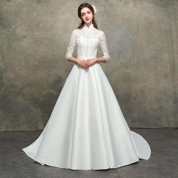 fashion satin long sleeve standing collar bride marriage tail court princess dream slim, White
fashion satin long sleeve standing collar bride marriage tail court princess dream slim, White
