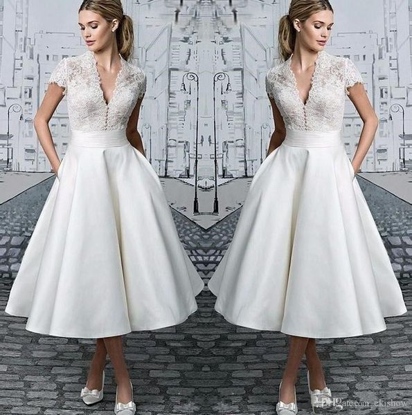 simple satin deep v neck lace a line wedding dresses short sleeves applique tea length with pocket wedding dress bridal gowns, White
simple satin deep v neck lace a line wedding dresses short sleeves applique tea length with pocket wedding dress bridal gowns, White