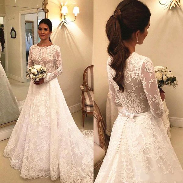 modest design full lace wedding dresses long sleeve jewel neck small bow sash a line bridal gowns vestido de noiva sweep trail, White
modest design full lace wedding dresses long sleeve jewel neck small bow sash a line bridal gowns vestido de noiva sweep trail, White