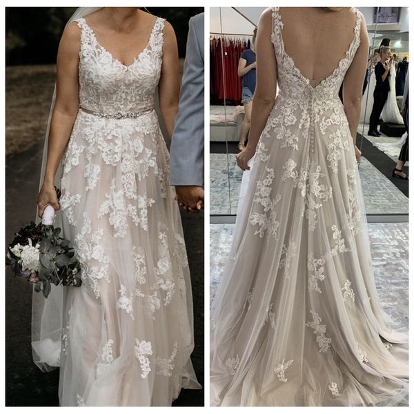 elegant a-line beautiful wedding dresses with champagne lining lace appliques simple wedding dresses plunging back beaded sash bridal gowns, White
elegant a-line beautiful wedding dresses with champagne lining lace appliques simple wedding dresses plunging back beaded sash bridal gowns, White