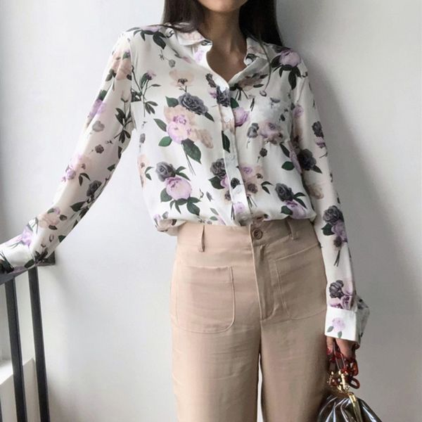 women rose blouse flower print long sleeve pocket silk shirt top, White
women rose blouse flower print long sleeve pocket silk shirt top, White