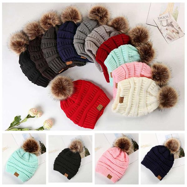 

large ball winter wool warm women knitted cc hat fur pom poms crochet beanie ski cap bobble fleece cable slouchy skull caps 12colors, Blue;gray