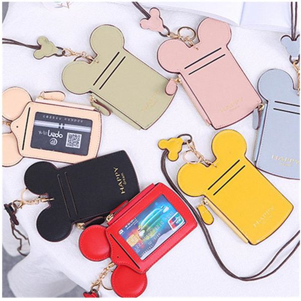 

cartoon ear letter happy dream card slot holder with lanyard neck strap coin pusre name credit id card sleeve bag for kids adults 13 colors, White