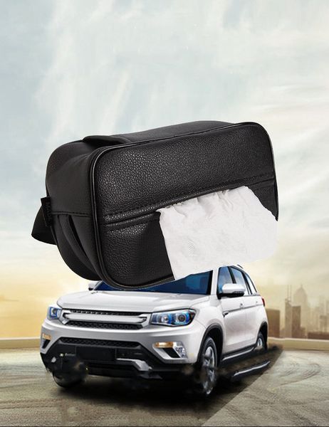 

car tissue holder pu leather black hanging and armrest type car tissue bag with hidden zipper design box