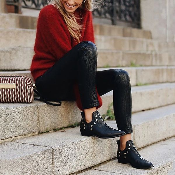 hkxn punk rivet women brand pointed toe leather booties studded thick low heels ankle plush shoes winter t02, Black
hkxn punk rivet women brand pointed toe leather booties studded thick low heels ankle plush shoes winter t02, Black