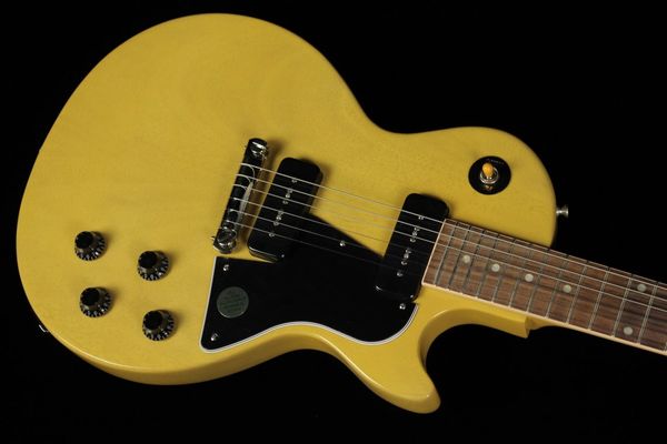 custom single cutaway 1959 special tv yellow electric guitar, black pickguard, black p-90 pickups, wrap arround bridge, orange switch top
custom single cutaway 1959 special tv yellow electric guitar, black pickguard, black p-90 pickups, wrap arround bridge, orange switch top