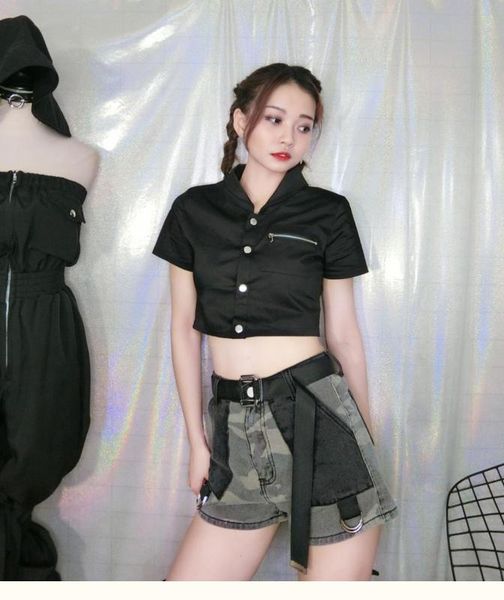 new female temperament punk short sleeve shirts black slim uniform gothic summer women single breasted open navel top, White
new female temperament punk short sleeve shirts black slim uniform gothic summer women single breasted open navel top, White