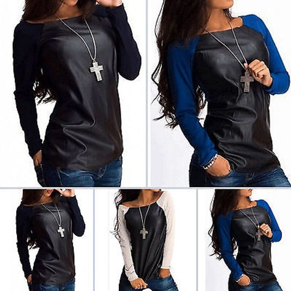womens leather long sleeve t-shirt casual cotton and pu leather patchwork female t-shirt for women, White
womens leather long sleeve t-shirt casual cotton and pu leather patchwork female t-shirt for women, White