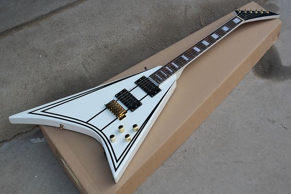 factory custom v shape white electric guitar with black strips,gold hardware,white binding body,can be customized
factory custom v shape white electric guitar with black strips,gold hardware,white binding body,can be customized