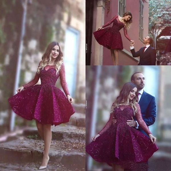 2019 stunning short prom dresses sheer long sleeve sequins puffy cocktail party gowns custom made major beading evening dresses, Black
2019 stunning short prom dresses sheer long sleeve sequins puffy cocktail party gowns custom made major beading evening dresses, Black