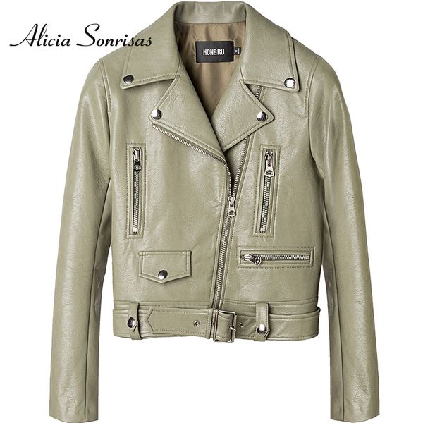 2020 new spring leather jacket women short faux leather motorclcle green slim-fit locomotive-style grey white biker coat hr1020, Black