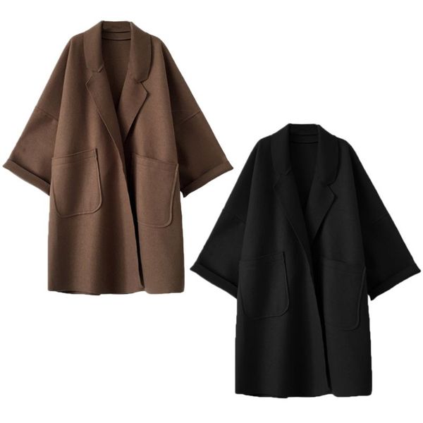 women winter long cuffed sleeve wool oversize loose overcoat solid color notched lapel collar open front cardigan jacket outwear, Black
women winter long cuffed sleeve wool oversize loose overcoat solid color notched lapel collar open front cardigan jacket outwear, Black