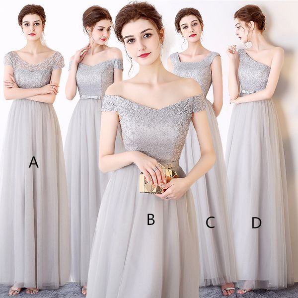 light gray lace tulle a line bridesmaid dresses with bow 2020 floor length wedding party dress, White;pink
light gray lace tulle a line bridesmaid dresses with bow 2020 floor length wedding party dress, White;pink