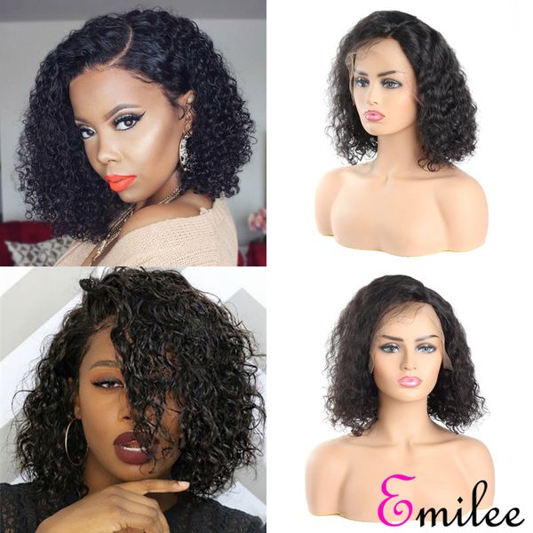 emilee 180% density peruvian curly human virgin remy hair wigs bob lace curly wigs 12 inch for women, Black;brown
